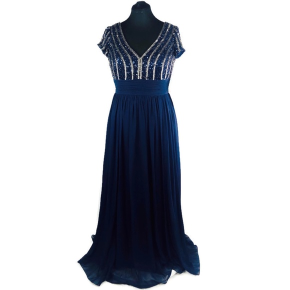 NWT JS Collection Navy Chiffon Empire Gown Sz 12 - Picture 1 of 8